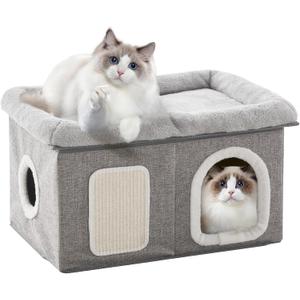WINDRACING Cat Beds for Indoor Cats - Extra Wide Cat House for Pet and Foldable Cat Cave Bed with Scratch Pad, Cat Hideaway Condo for Kitten, 24.4x16.9x14.2 inches, Light Grey
