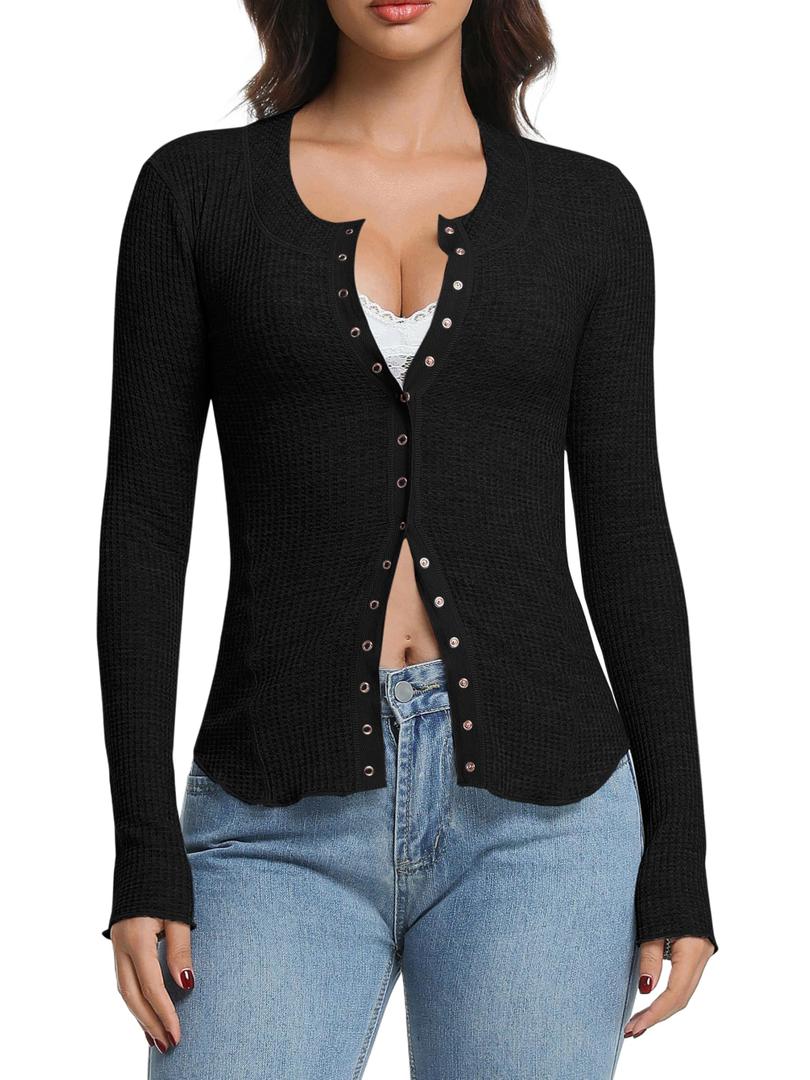 Abonlen Womens Cardigan Lightweight Waffle Knit Long Sleeve Button Down Shirts Fitted Going Out Tops (Black, L)