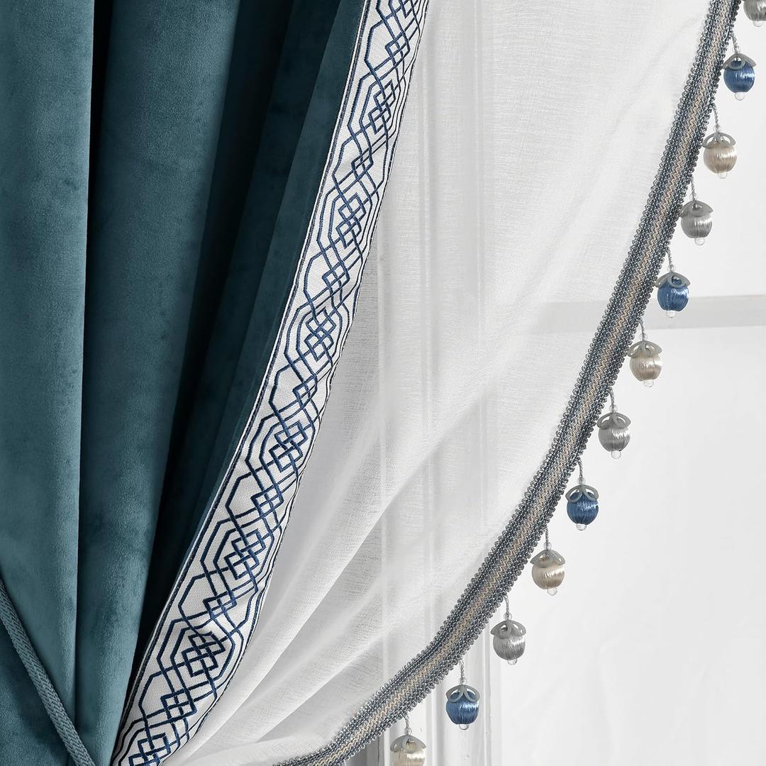 Lush Decor Luxury Vintage Velvet and Sheer with Border Pompom Trim Window Curtain (Single) Panel, 84" L x 42" W, Blue