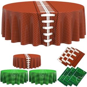 Oudain 6 Pcs Football Tablecloth Party Decorations Round Disposable Touchdown 84 Inch Football Plastic Table Cover for Football Themed Party Supplies for Birthday Games Day Party Decorations