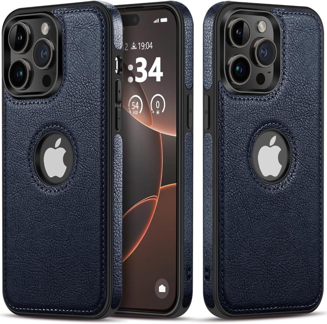 Classy Design Luxury Leather Phone Case for iPhone 15 Pro Non-Slip Grip Full Body Ultra Slim Protective Case (2023,6.1) (Blue)