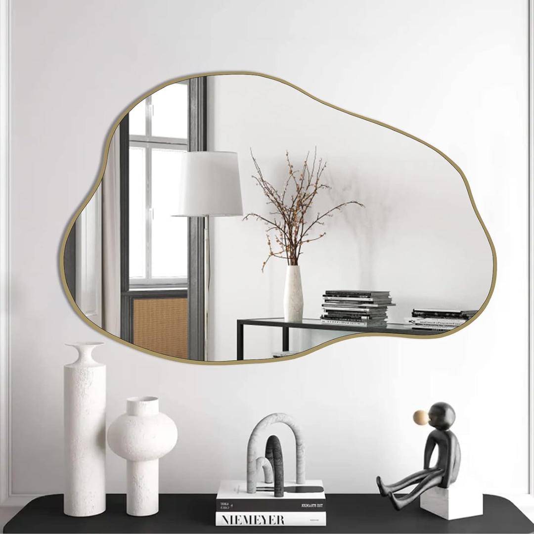 POZINO Gold Irregular Mirror, 30"x20.5" Cloud Shaped Mirrors, Asymmetrical Wall Mirror, Unique Modern Funky Frameless Mirrors for Living Room Bathroom Bedroom Entryway