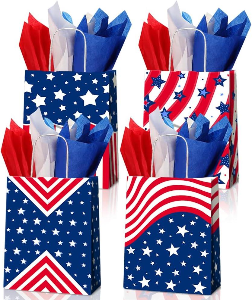 JOYGATHER 24 Pcs Patriotic Party Favors Bags with 24 Tissue Paper, USA American Flag Gift Goodie Kraft Paper Bags for 4th Of July Independence Day Veterans Day Memorial Day Birthday Party