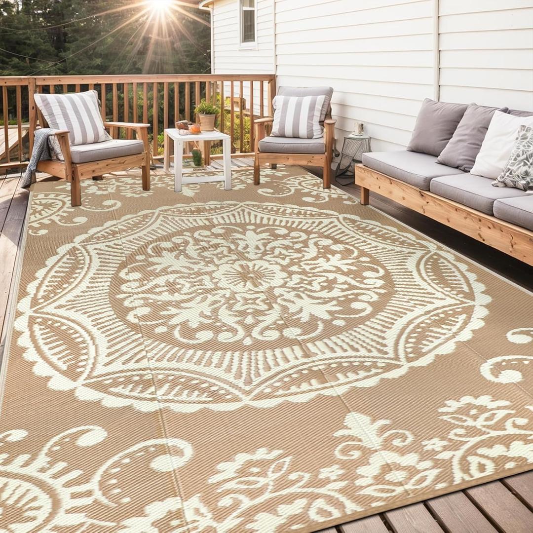Capslpad Outdoor Rug 8x10 Patio Waterproof Boho Floral Plastic Straw Rug Large Foldable Vintage Outside Carpet with Carry Bag for RV Backyard Balcony Bench Picnic Porch, Beige