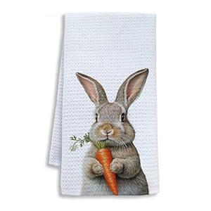 Shrago Easter Bunny Rabbit Kitchen Towels, Rustic Farmhouse Easter Dish Tea Towels for Kitchen, Spring Carrot Rabbit Decorative Hand Towel for Bathroom Decor, 16x24 Inch