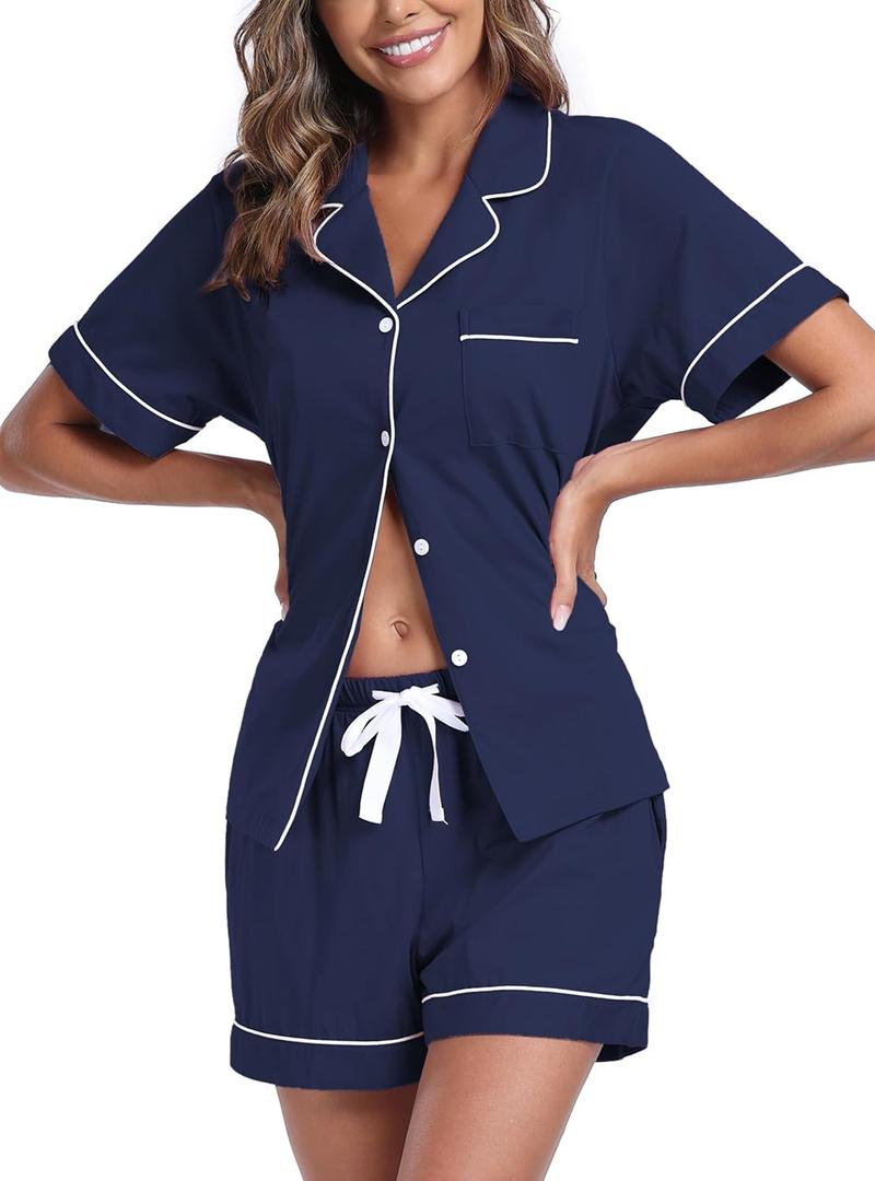 EA'S SECRET Womens Pajamas Set 100% Cotton Soft Short Sleeve Sleepwear Button Down Nightwear Summer Pj Sets (Large, Navy Blue)