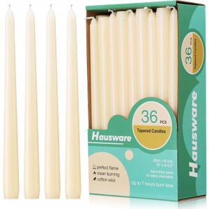 Hausware 36 Pack Taper Candles, 8 Hour Burn Time, Unscented Dripless and Smokeless, 10 inch Elegant Premium Quality Dinner Candle for Home Dcor, Restaurant, Wedding, Party Candlesticks (Ivory)