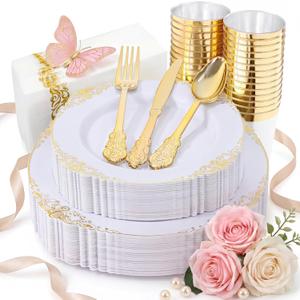 Nervure 175PCS White and Gold Plastic Plates - Disposable Dinnerware Set Include 50 Gold Plates for Dinner and Dessert, 75 Cutlery, 25Cups 25Napkins for Wedding & Party & Mothers Day
