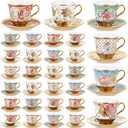 Teenyyou Set of 36 Tea Cups and Saucers Tea Party Decorations Floral Porcelain 5.4 oz British Gift for Women Birthday Party, Church, and Mother's Day (Stylish Style)