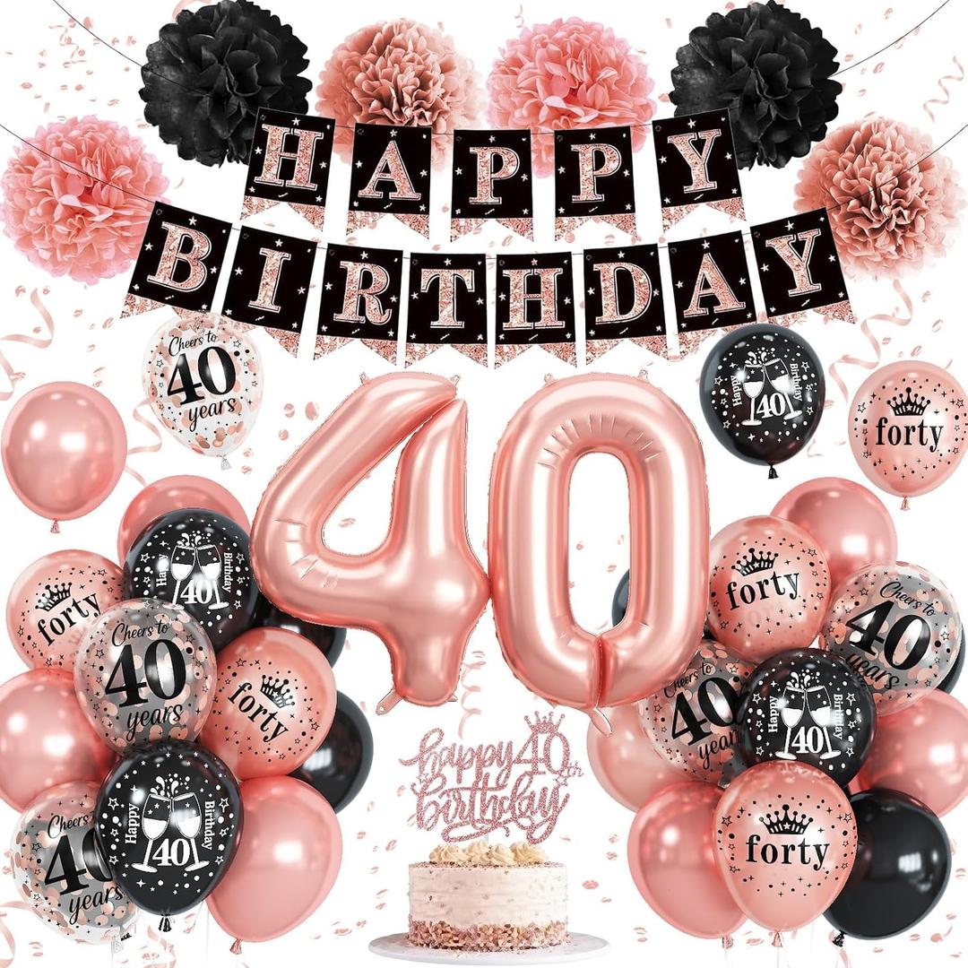 40th Birthday Decorations for Women, Rose Gold Black Confetti Latex Balloons Number 40 Foil Balloon Happy 40th Birthday Banner Cake Topper Paper Pom Poms for Her 40 Year Old Bday Party Decoration