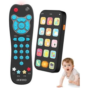 Toy Phone Baby Remote Control Toy Set, Play Phones TV Remote Control with Music Light for 6+ Months, Early Learning Baby Toys Gift for 1 Year Old Boys Girls Toddler Infant Kids, English/Spanish, Blue