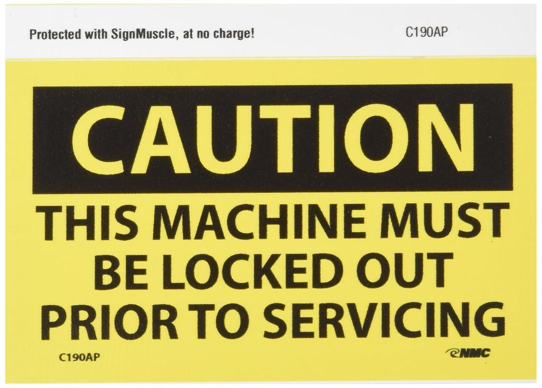 NMC C190AP OSHA Sign, Legend "CAUTION - THIS MACHINE MUST BE LOCKED OUT PRIOR TO SERVICING", 5" Length x 3" Height, Pressure Sensitive Vinyl, Black on Yellow (Pack of 5)