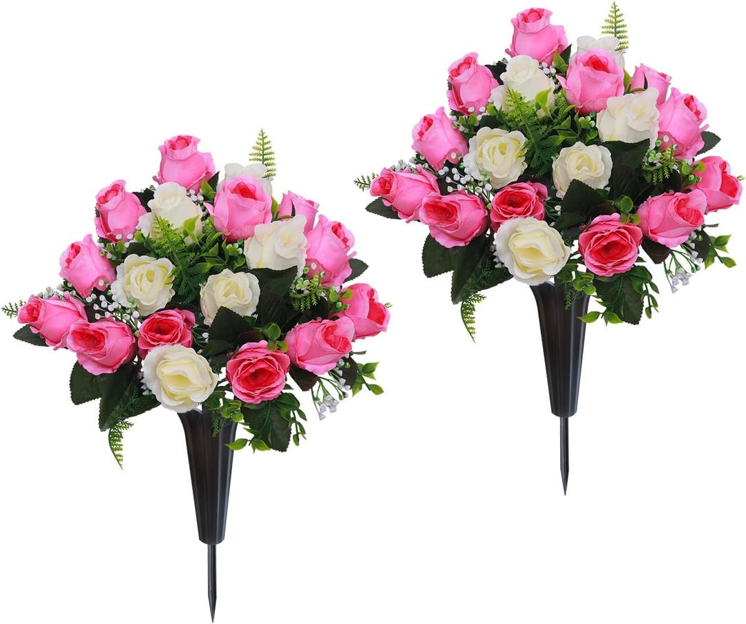 Lodou Set of 2 Artificial Cemetery Flowers, Memorial Flowers Bouquet,Grave Memorial Flowers with Vase for Cemetery Headstones Decoration (Pink White)
