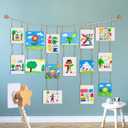KOLLIEE Kids Artwork Display Art Wall Decor 4.93ft Boho Wooden Beaded Garland Collage Holder with Hanging Rings Wooden Stars Hook 40 Wood Clips for Kids Artwork Photo Room Bedroom Decor