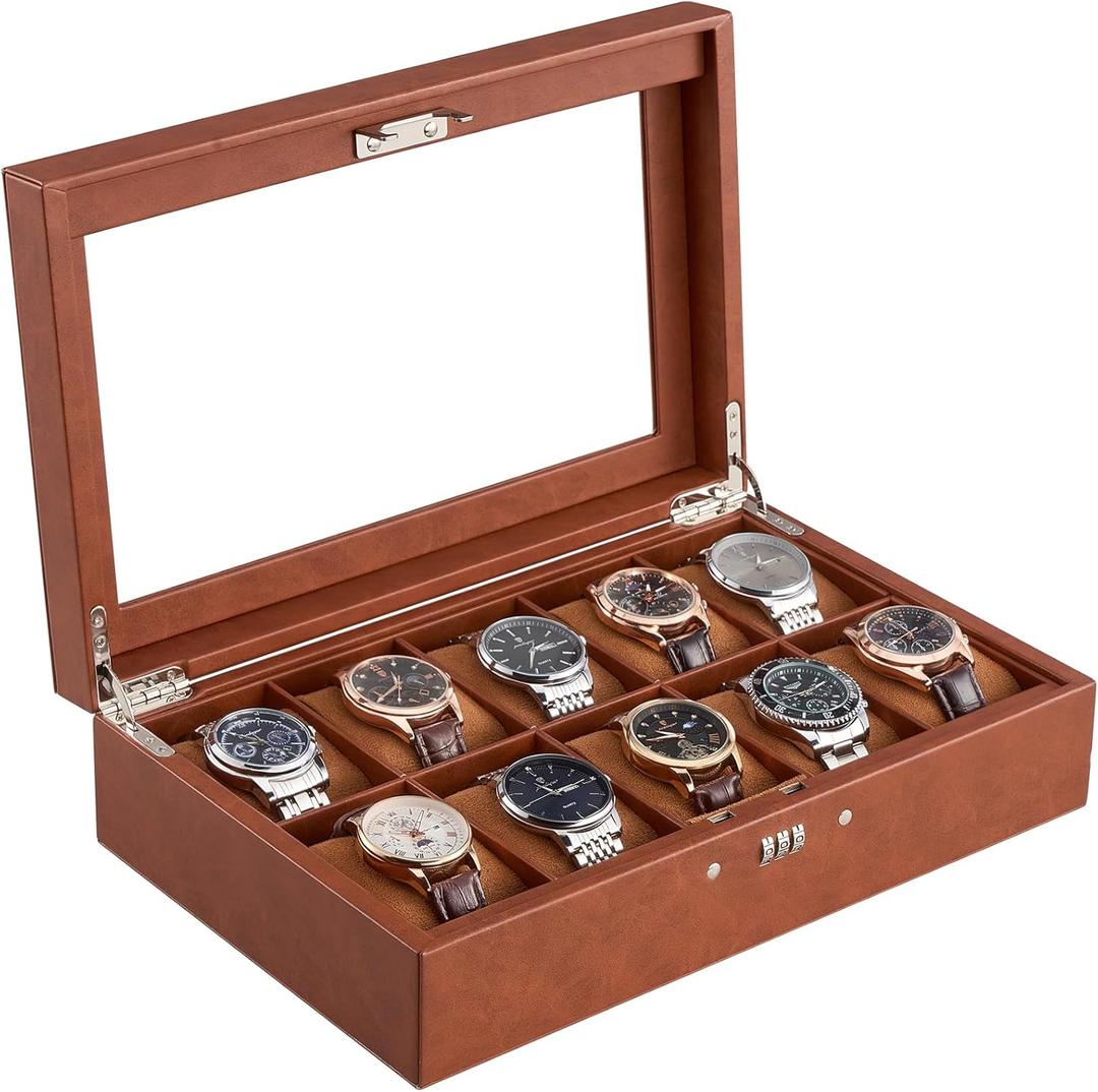 ProCase Lockable Watch Case, 10-Slot Display Storage Box with Glass Lid, Scratch-Free Velvet Lining & Combination Lock, Secure Watch Organizer for Men, Home, Office or Store Display - Brown