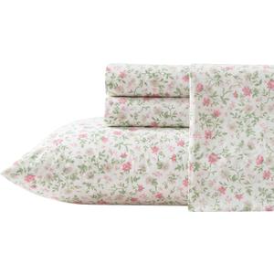 Laura Ashley - Twin XL Sheet Set, Super Soft Cotton Percale Bedding Set with Matching Sham, Oeko-Tex Certified (Bonnie Pink, Twin XL)