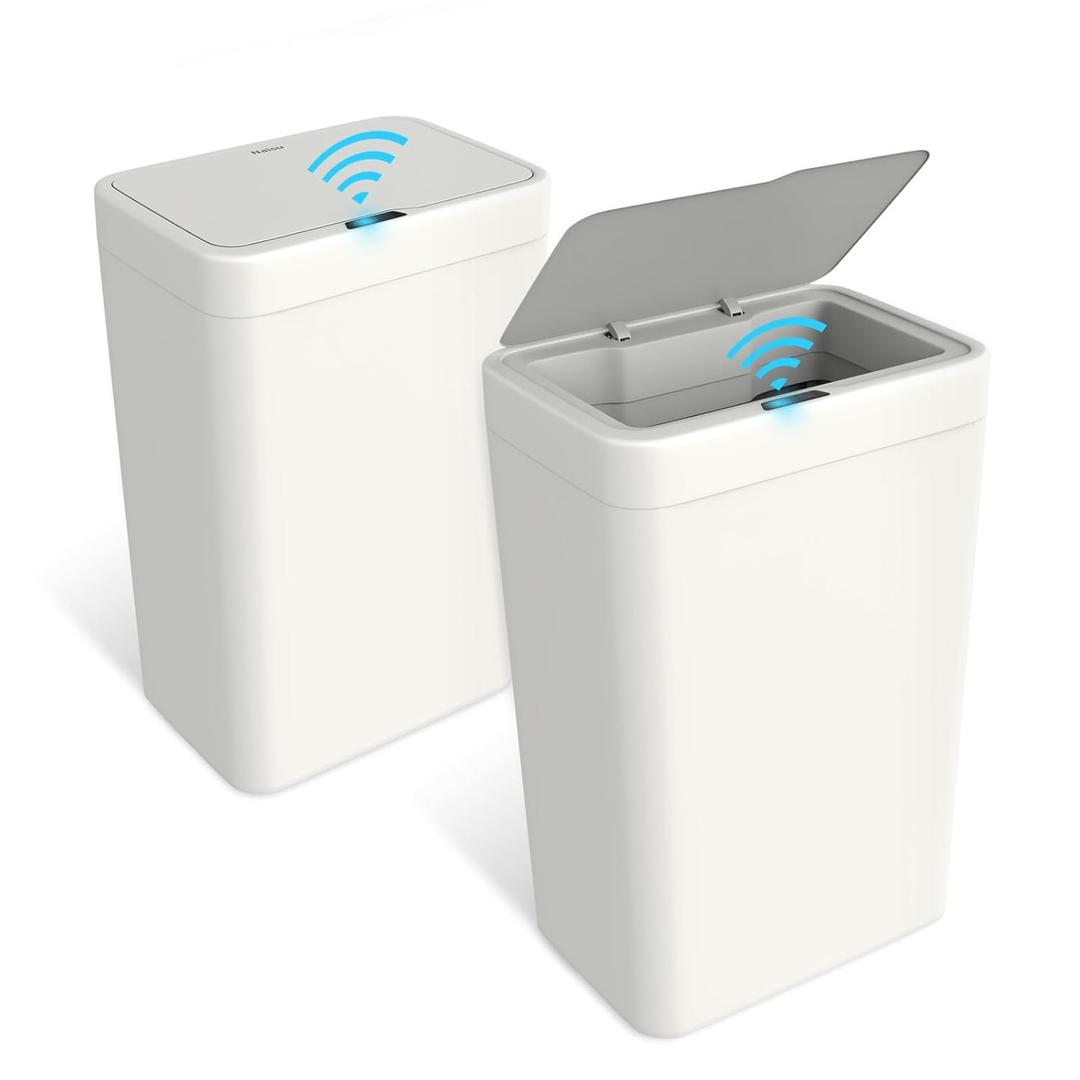 Naisu 2 Pack 4 Gal Bathroom Trash Can with Lid,Automatic Garbage Can with Touchless and Sealed Design,Slim Motion Sensor Waterproof Plastic Trash Bin Suitable for Bedrooms,Bathrooms,Kitchens, White