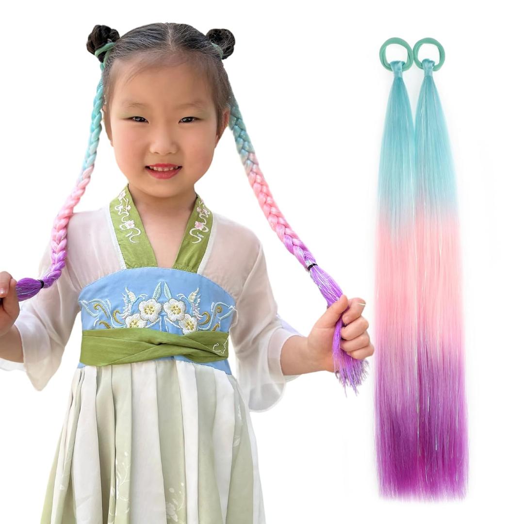 Colored Hair Extensions Ponytail Extension Colorful 2 Packs, 20 inch Crazy Hair Day Accessories for Women, DIY Festival Wacky Rave Braids,Tinsel Mixed (Blue to Pink to Purple)