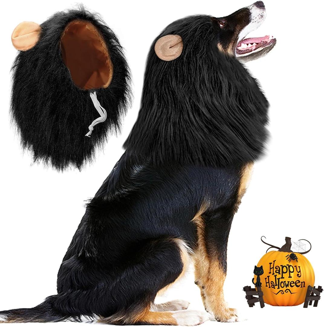 Vivifying Lion Mane (Black) for Medium & Large Dogs - Adjustable Pet Costume with Faux Fur, 13.77in x 14.5in, Up to 27.55in Neck Girth, Halloween Dog Accessory