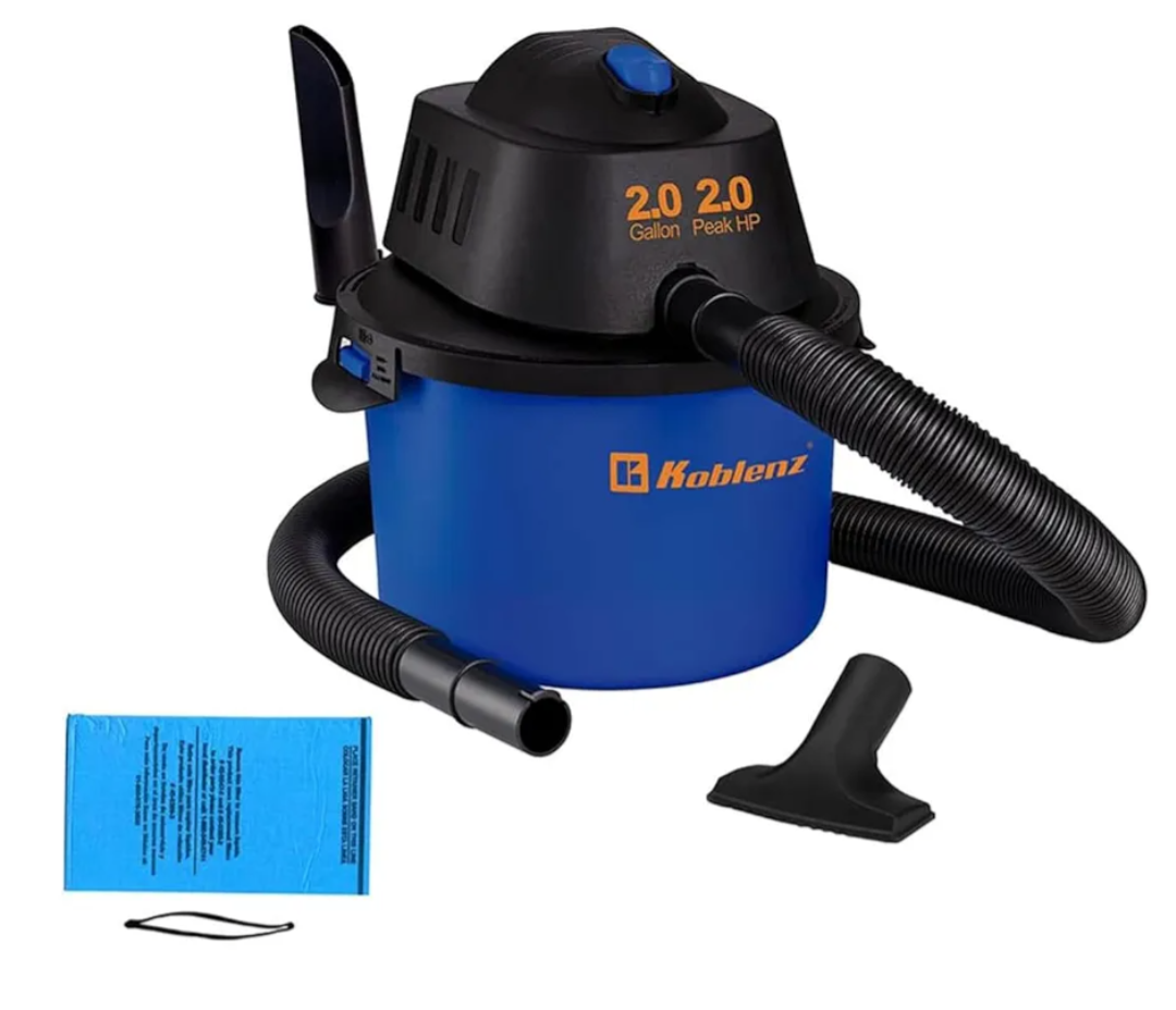 Koblenz WD-2L Portable Wet Dry Vacuum, 2-Gallon 2 PHP Suction Plus Blower Vacuum Cleaner for Liquids, Dust, Pet Hairs, 10' Reach, Ideal for Home, Car, Garage, Shop, Accessories Included, Blue/Black