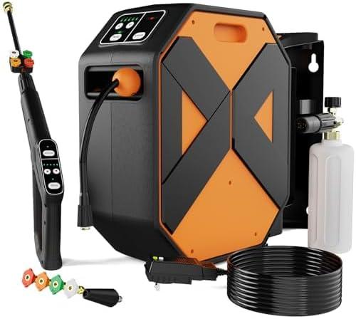 Wall Mounted Pressure Washer with 100FT Retractable Hose, 5-Stage Adjustable Pressure, Foam Cannon & 5 Nozzles for Car, Lane, Patio Cleaning Orange (Amber)