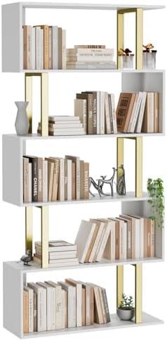 Gadroad 5 Tier Geometric Bookcase,S Shaped Bookshelf, Wood Decorative Storage Shelving, Modern Freestanding Display Shelves, Tall Book Shelf Unit for Living Room Bedroom, Gold
