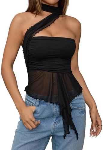 Milumia Women Going Out Halter Tops Ruched Mesh Bandeau Top with Scarf M