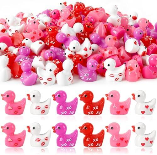 JUNEBRUSHS 50 Pcs Valentine's Day Mini Ducks, Pink Red Tiny Resin Ducks Heart Duck Figures Miniature Ornaments for Vase Filler Jewelry Making DIY Crafts Party Gifts Decorations