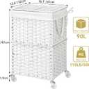 Chrislley 90L Slim Laundry Hamper with Wheels, Rolling Laundry Basket with Lid and Renovable Liner Bag, Handwoven Rattan Organizer for bedroom, bathroom, laundry room (White)