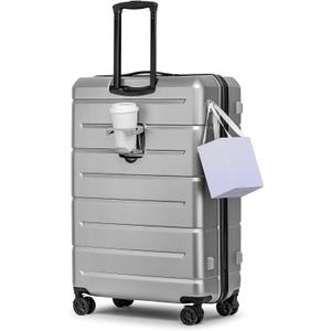 KYME Suitcases with Wheels Hardshell 30 Inch Luggage TSA Approved Large Checked Luggage Durable Travel Rolling Suitcase with Cup Holder for Women Men Silver Grey