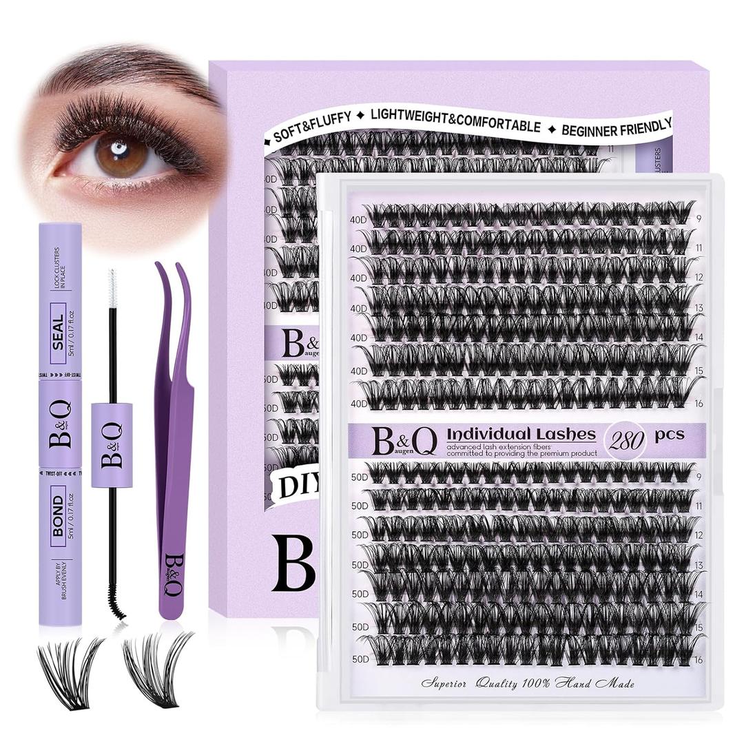 DIY Lash Extension Kit 280pcs Individual Lashes Cluster D Curl Eyelash Extension Kit Lash Clusters with Lash Bond and Seal and Lash Applicator Tool (KIT,40D+50D-D-9-16MIX)