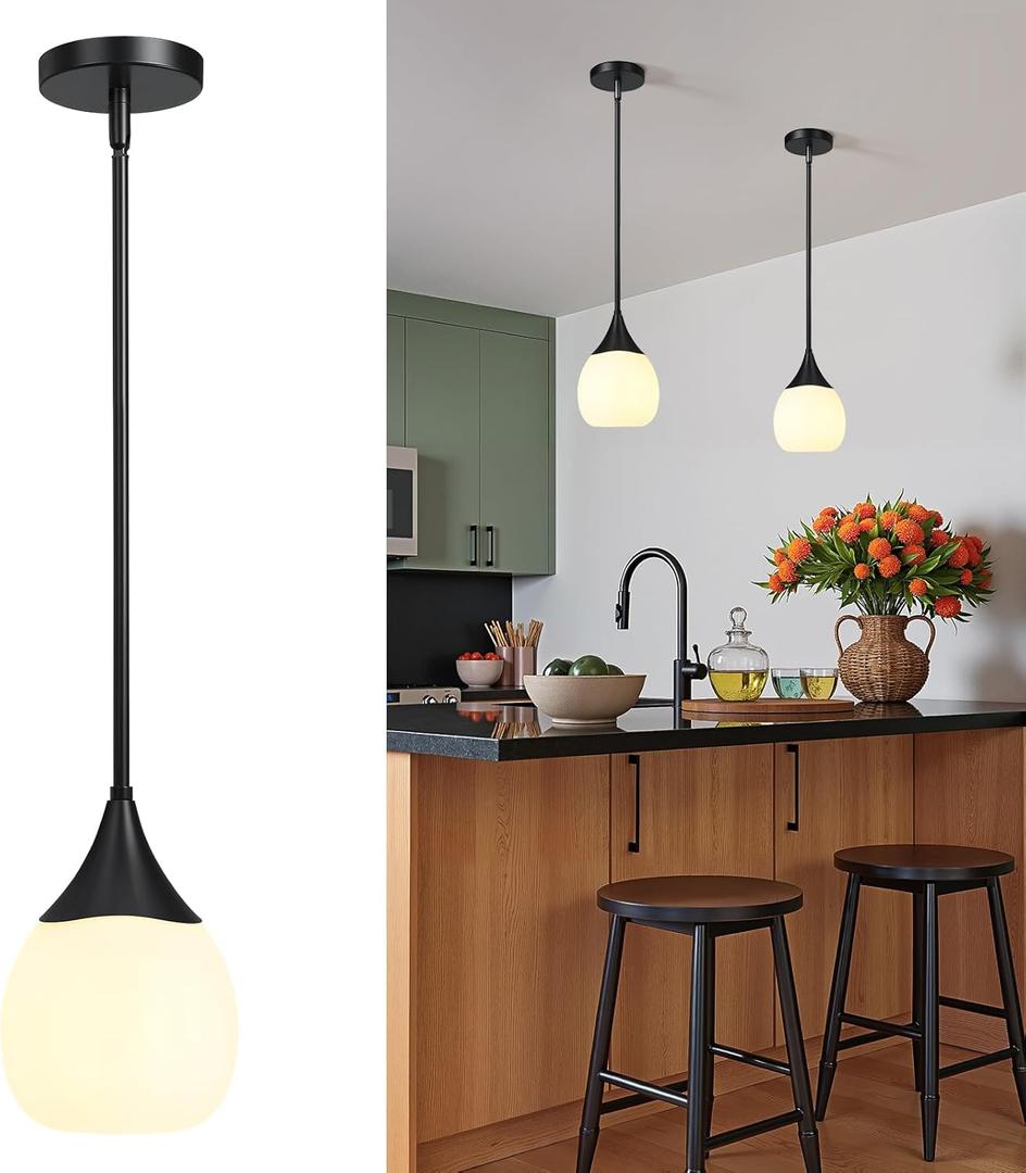 Kitchen Island Pendant Light: Mid Century Matte Black Hanging Light Fixtures with Frosted Glass Globe - 6 Inch Farmhouse Chandeliers Ceiling Lighting for Dining Room