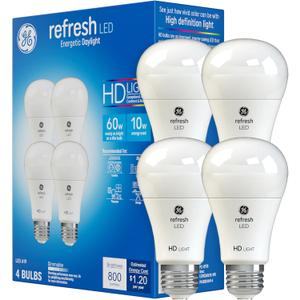 GE Refresh LED Light Bulbs, 10 Watts (60 Watt Eqv) Daylight HD Light, A19 Standard Bulbs (4 Pack)