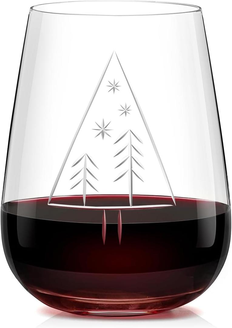 Stemless Wine Glasses -16 Oz Hand-Carved Christmas Tree Crystal Wine Glass - Lead-Free Stemless Red Wine Tumbler Wine Glasses - Gifts for Boyfriend, Husband,Friends, Lover and Family