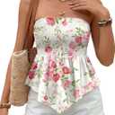 LILLUSORY Women Floral Elastic Trim Ruffle Hem Tube Strapless Tops Peplum Sleeveless Bandeau Tanks Boho Summer Clothes (M)