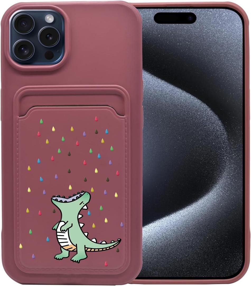 Unov Case Compatible with iPhone 15 Pro Max 5G Soft TPU Slim Protective Case with Dino Rainbow Dinosaur Dragon Card Holder Back Cover Case Wine Red