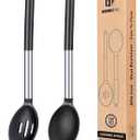 Pack of 2 Large Silicone Cooking Spoons, Non-Stick Solid Basting Spoon, Heat-Resistant Kitchen Utensils for Mixing, Serving, Draining, Stirring (BLACK)