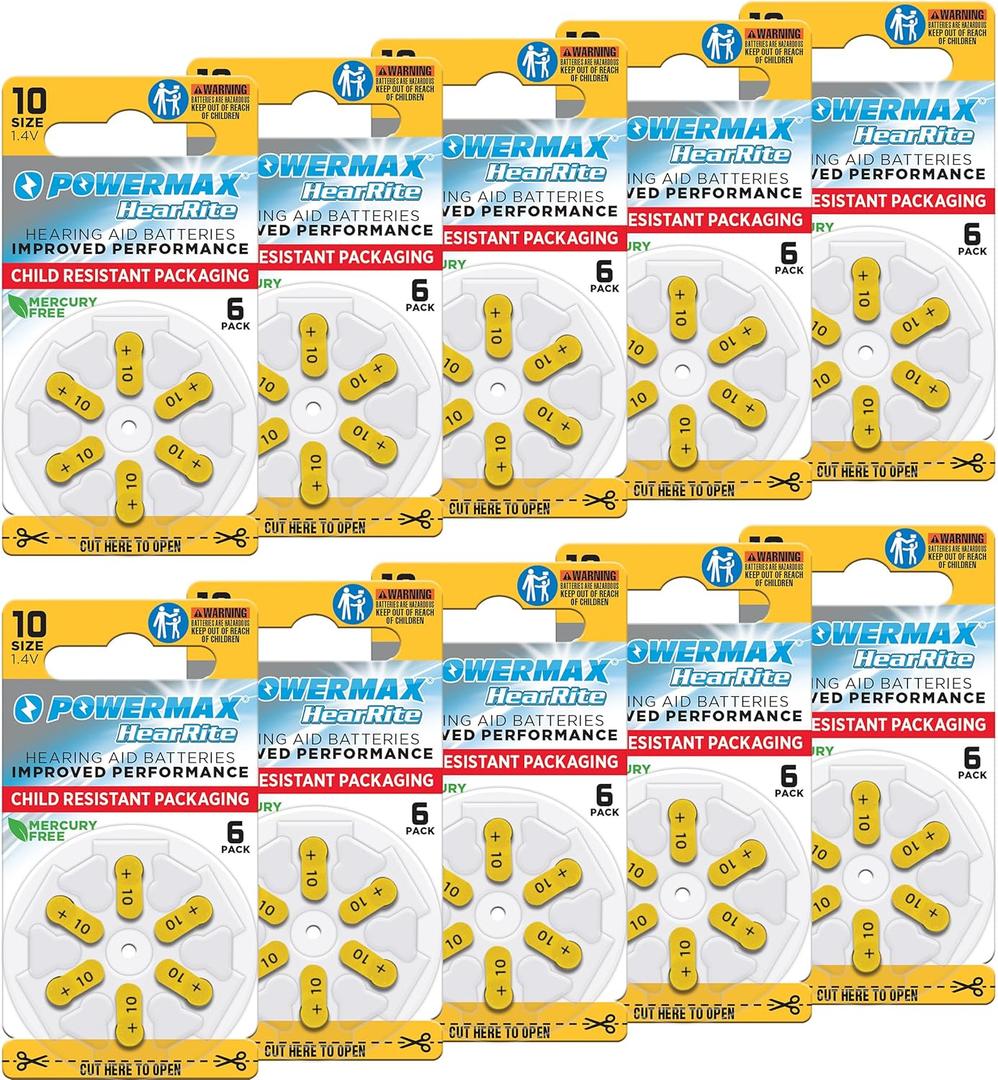 Powermax Size 10 Hearing Aid Batteries, 60 Count Long-Lasting Battery Pack, Yellow Long Tab for Easy Change