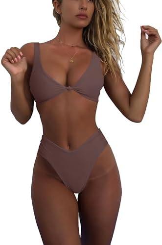 geluboao Bikini Set for Women Solid V Neck Knot Front Push Up High Leg Thong Two Piece Swimsuit Size M