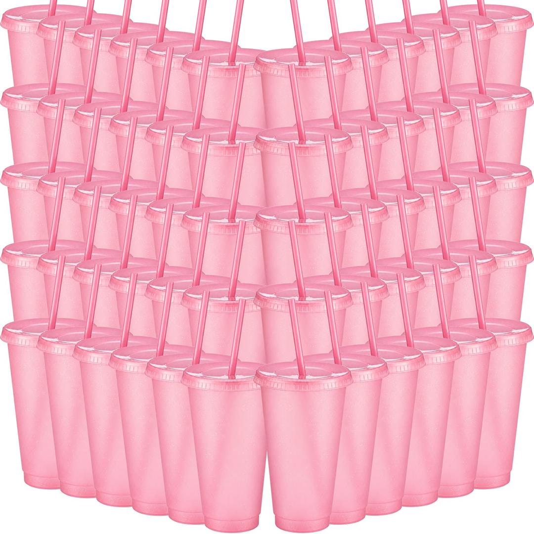 DKALIO 60 PCS Glitter Tumblers with Lids & Straws, 24oz Reusable Cups with Metallic Shimmer Finish, Dishwasher Safe Plastic Drinkware for Parties, Weddings & Home Decor (60, Light Pink)