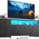Huuger 63 Inch TV Stand for 65, 70 Inch TV, 11 Drawer Long Dresser with Power Outlets and LED Lights, Entertainment Center with Storage, Grey Dresser with PU Leather Surface, 13"D x 63"W x 26.8"H