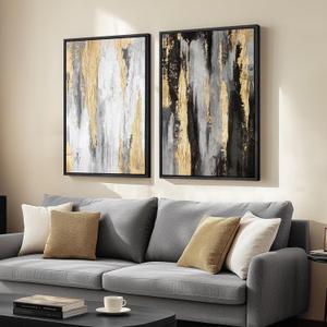 Large Framed Black and White Abstract Wall Art for Living Room, Set of 2 Piece Minimalist Canvas Prints Paintings Artwork for Walls, Modern Black Gold Pictures for Hallway Office Wall Decor Big Size 24x36 In, 24" W X 36" H X 2pcs