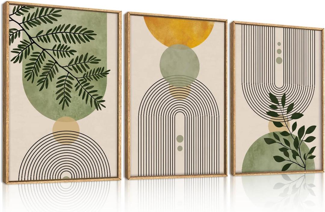 Large Boho Sage Green Framed Canvas Wall Art Set,Abstract Beige Arch Lines Wall Decor,Modern Minimalist Leaf Artwork for Living Room,Bedroom,Office-24 x36 x3