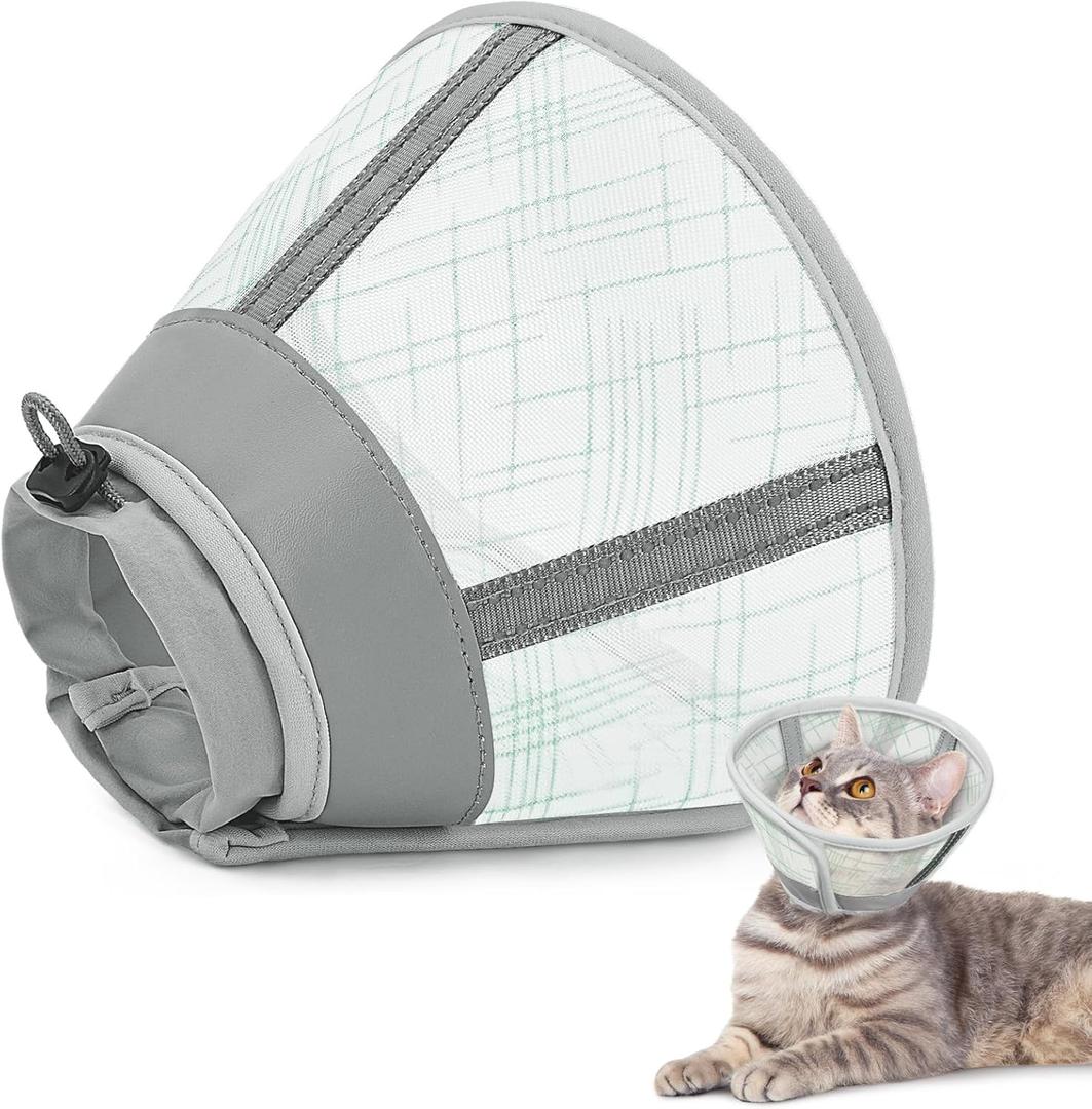 Supet Cat Cone Collar Soft, Air Mesh Recovery Collar to Stop Licking, Breathable Neck Cone Alternative, Lightweight Cat Head Cone Anti Scratch (Green,L)