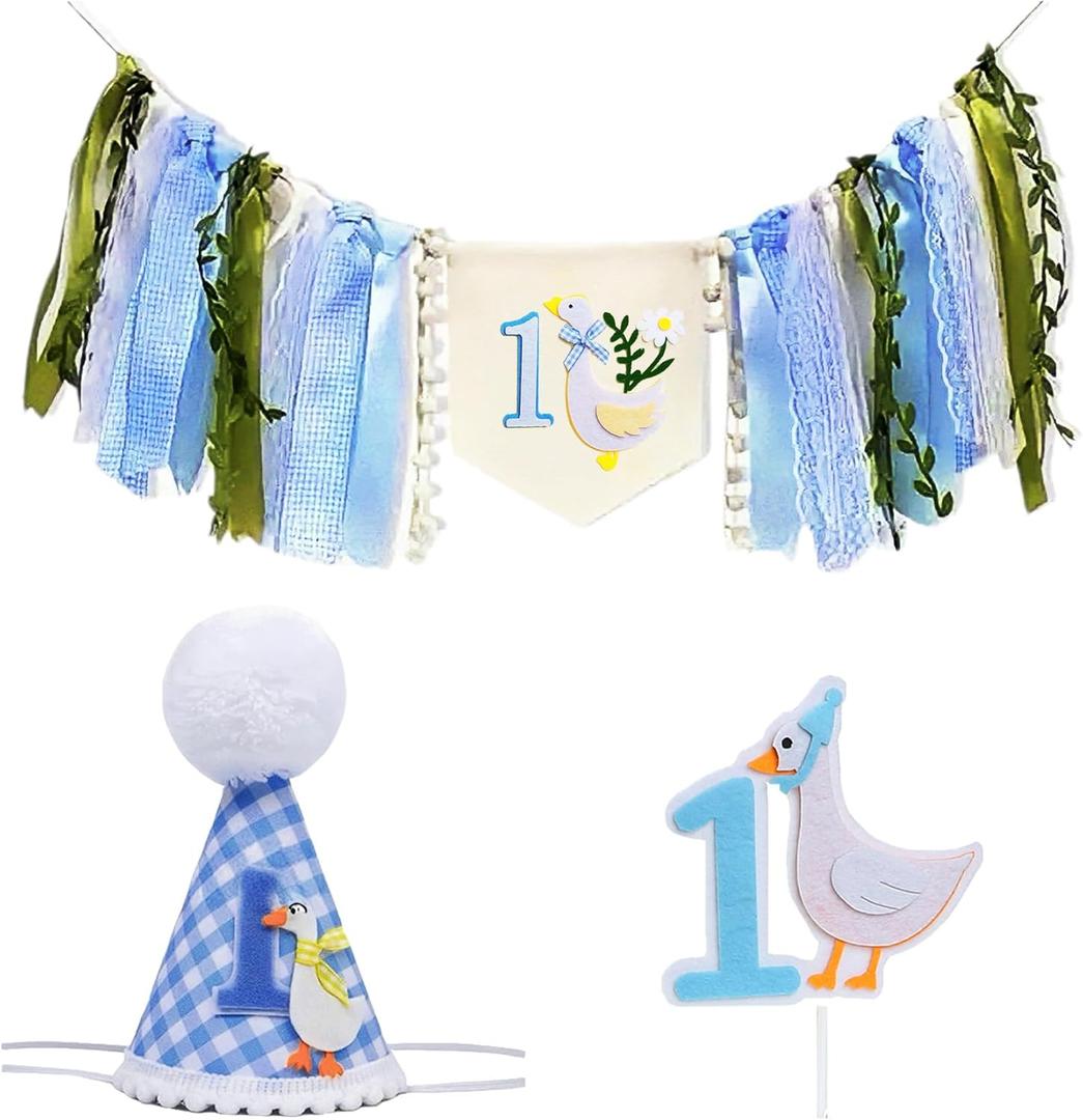 One Funny Goose High Chair Banner for Boys - Funny Goose Theme 1st Birthday Decorations, High Chair Banner First Birthdays Boy, Goose First Birthday Crown Hat & Cake Topper for Party Decor
