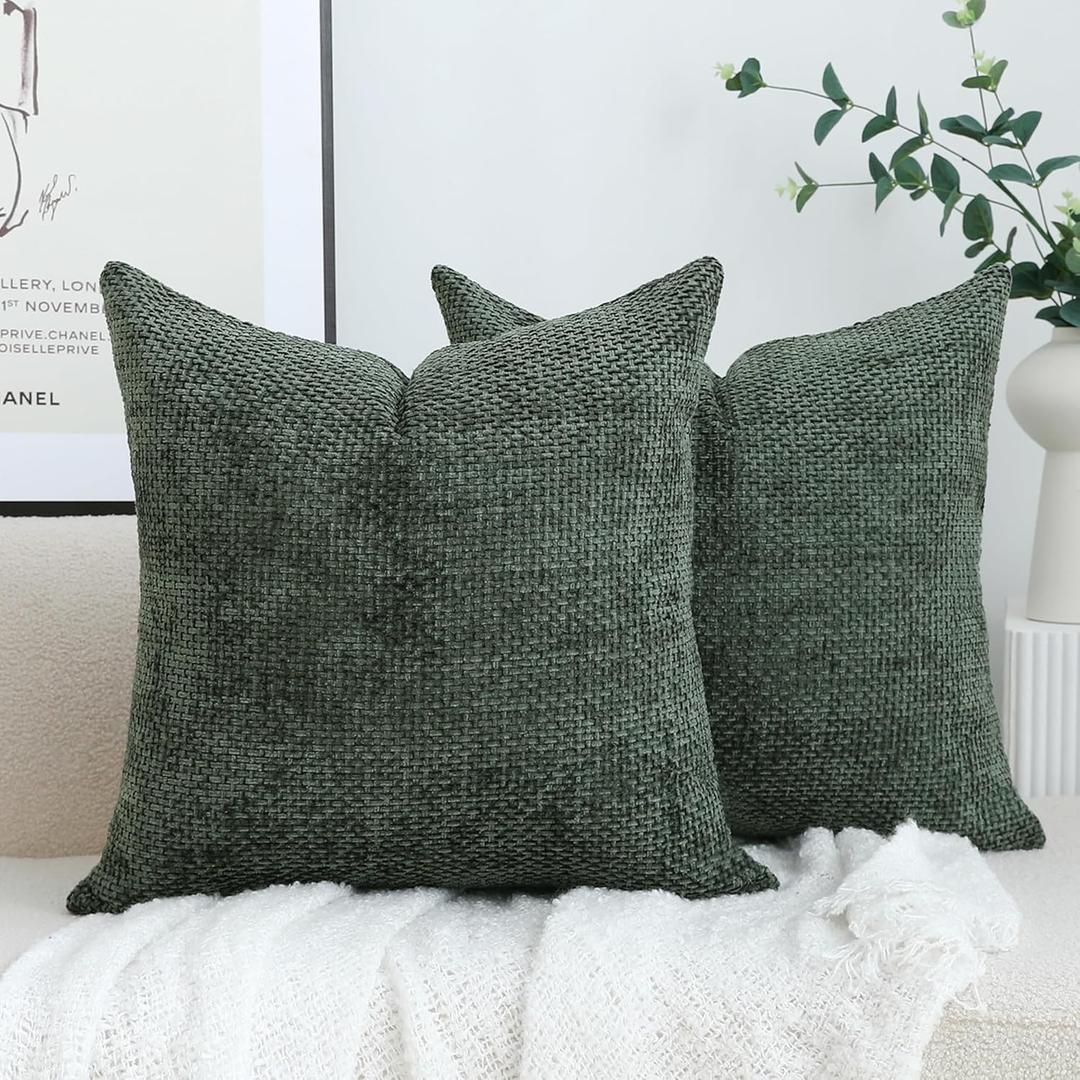 Stellhome Pack of 2 Woven Textured Decorative Throw Pillow Covers Soft Chenille Accent Luxury Cushion Cases for Living Room Couch Bed Sofa Farmhouse Boho Home, 20x20 inch, Hunter Green