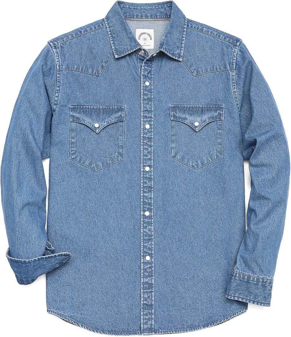 Dubinik Mens Button Up Shirts Long Sleeve Casual Button Down Work Shirt Men Two Pocket Cotton with Comfortable (X-Large, Snap on Blue)