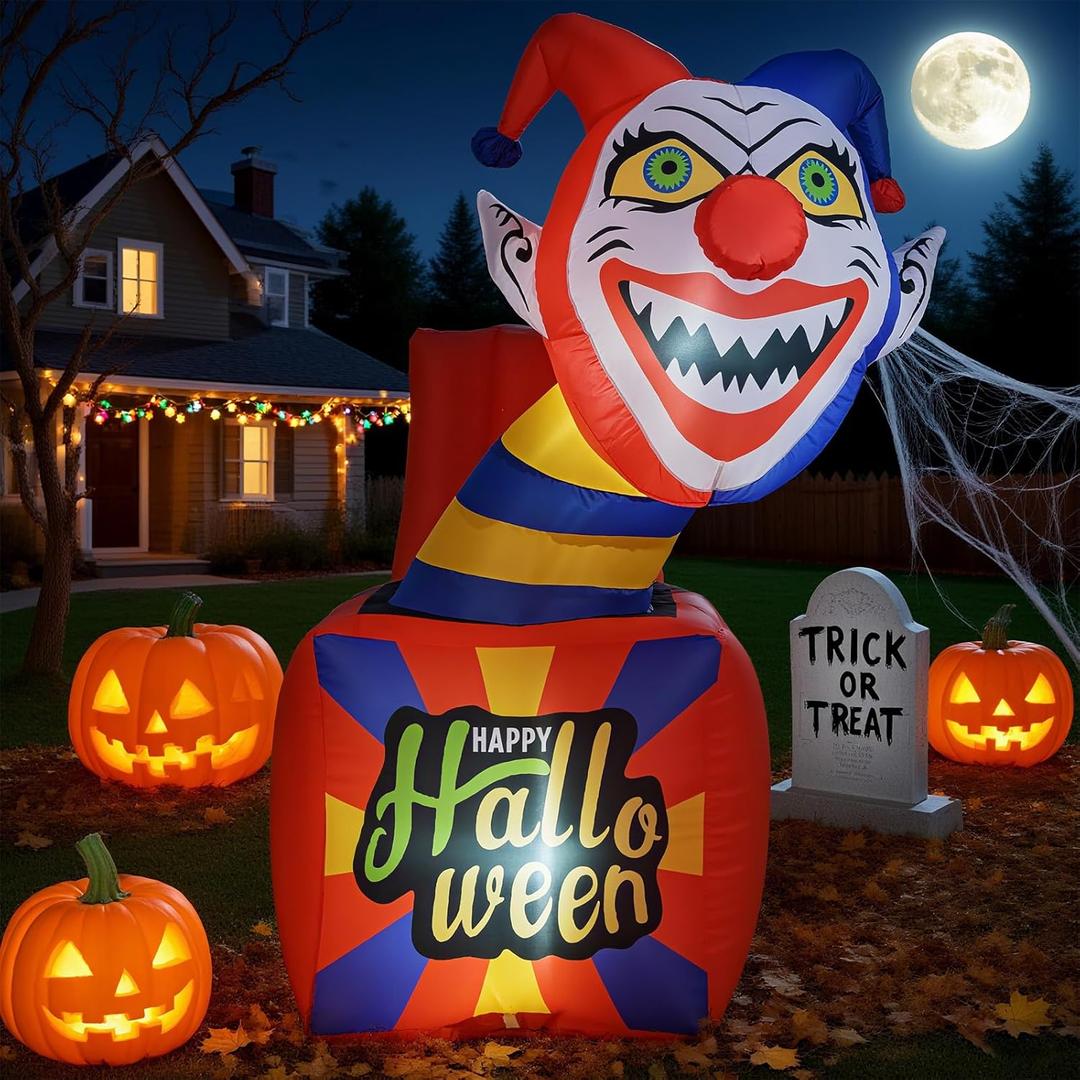 Tangkula 5 Ft Halloween Inflatable Clown, Blow up Circus Clown Box Decoration with LED Lights, Ground Stakes, Lighted Holiday Yard Decoration for Indoor, Outdoor Porch, Lawn, Garden