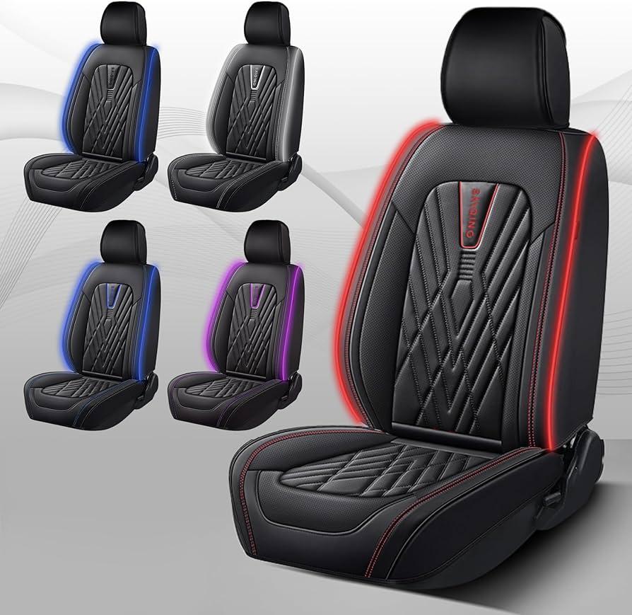Car Seat Covers Front Seats with Led Light, 2PCS Super Luxurious Heavy Universal Duty Waterproof Leather Black Automotive Vehicle Cover,for Cars SUV Pick-up Truck(Z RED)