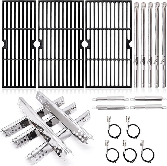 Adviace Grill Replacement Parts for Charbroil Performance 463347519, 463347518, 463373019, G470-0002-W1, G470-0003-W1, 18'' Cast Iron Grill Grates, Heat Plates, Burners, Crossover Tubes, Ignitors